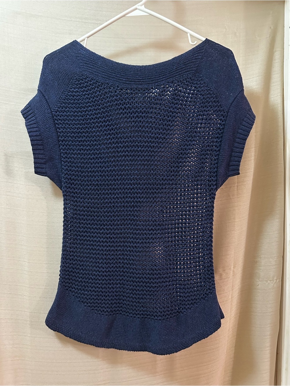 Eddie Bauer Open Knit Crochet Sweater Top Navy Short Sleeve Coastal Boho Small